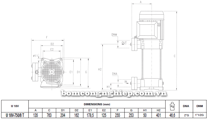 Máy bơm áp lực Pentax U18V-750 bảng thông số kích thước