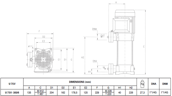 Máy bơm áp lực Pentax U7SV-300 bảng thông số kích thước