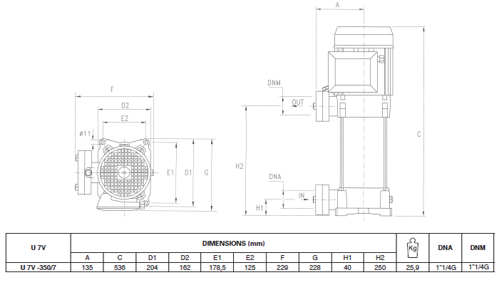 Máy bơm áp lực Pentax U7V–350/7T bảng thông số kích thước