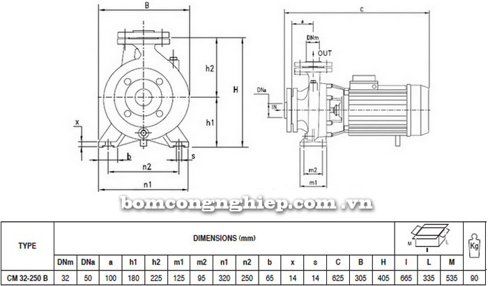 Máy bơm công nghiệp pccc Pentax CM 32-250B bảng thông số kích thước