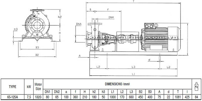 Bơm ly tâm trục rời Pentax CA 65-125A bảng thông số kích thước