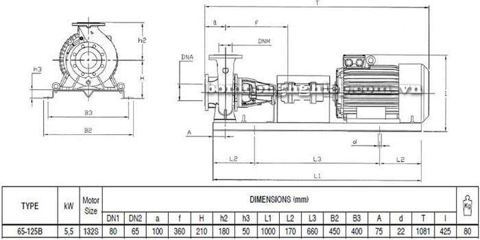 Bơm ly tâm trục rời Pentax CA 65-125B bảng thông số kích thước