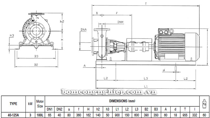 Bơm ly tâm trục rời Pentax CA 40-125A bảng thông số kích thước