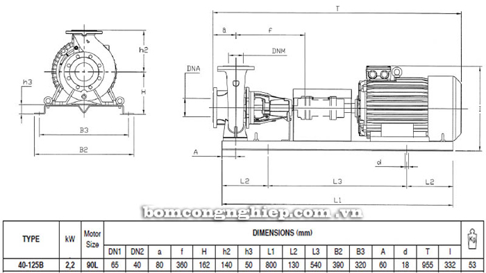 Bơm ly tâm trục rời Pentax CA 40-125B bảng thông số kích thước
