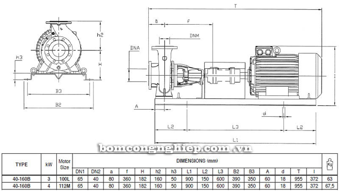 Bơm ly tâm trục rời Pentax CA 40-160B bảng thông số kích thước