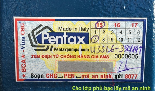 Mẫu tem nhận biết máy bơm nước Pentax chính hãng